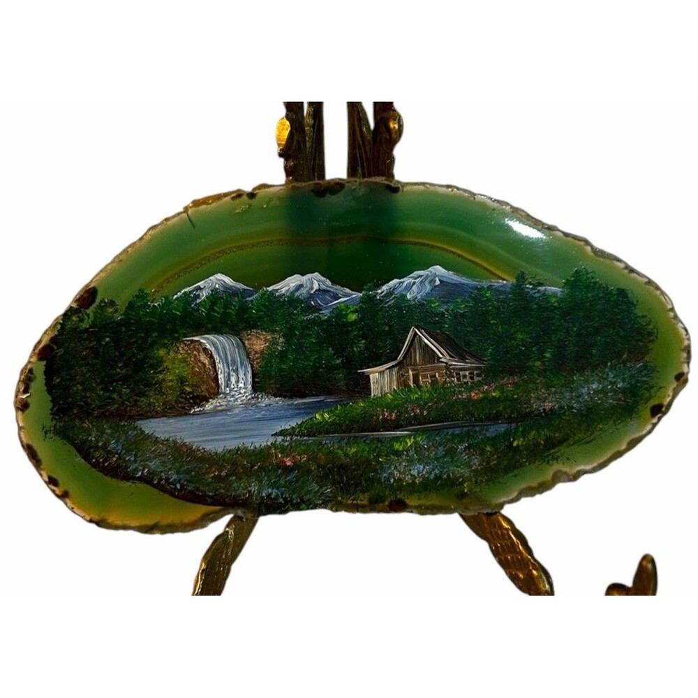 Vtg Hand Painted Green Agate Slice Crystal Mountain Waterfall Cabin Scene